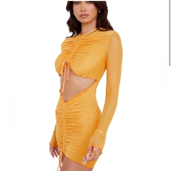 House Of CB 'Jeanelle' Orange Ruched Mesh Long Sleeve Cutout Mini Dress - Picture 3 of 6